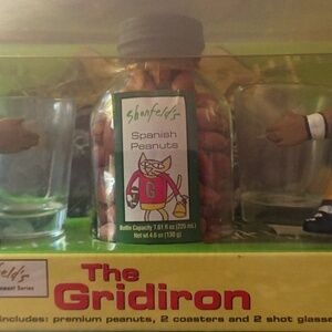 Shonfeld's Gridiron Shot Glass Set with Peanuts, and Coasters. 2004.